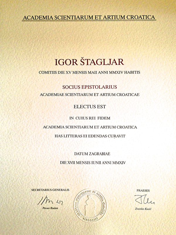 Croatian Academy of Sciences and Arts presented to Igor Stagljar